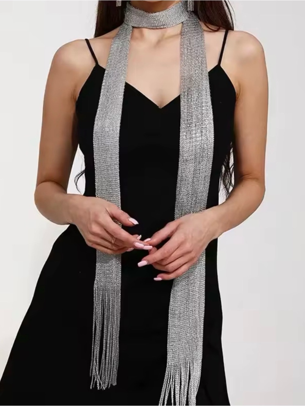 Light Silver Fringe Knit Scarf -Silver Tone Accessories